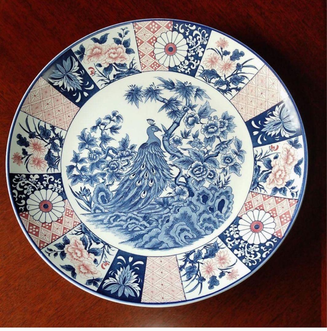 【新品 縁起物 ノベルティ】萬古窯 富永陶園 孔雀 大皿 尺ニ皿 新牡丹花鳥